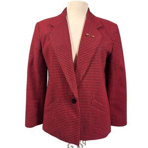 Vintage Alicia Women's Wool Blend Red Houndstooth Blazer Size 12 Jacket